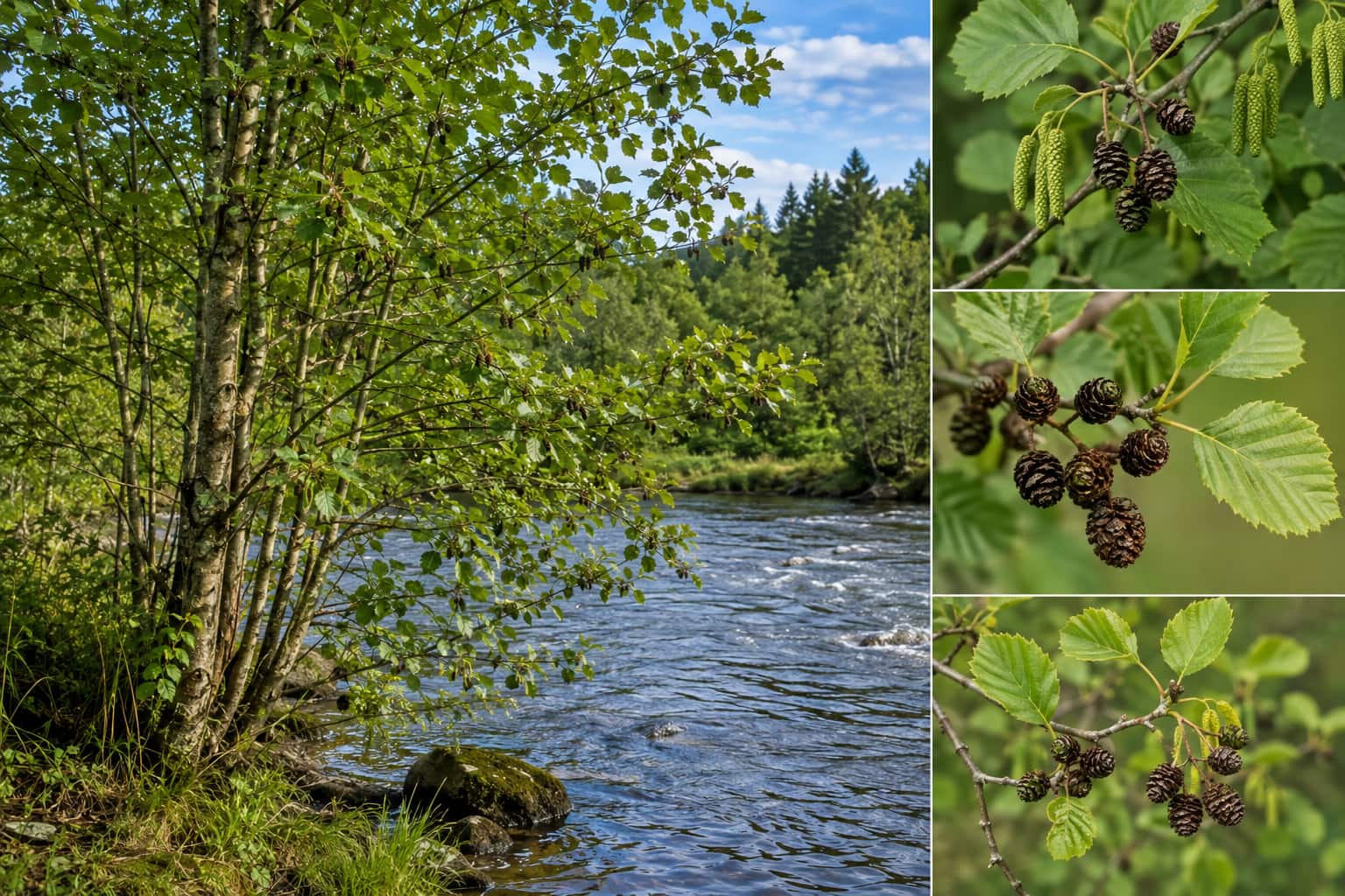 Alder tree growing beside river showing distinctive woody cone strobiles for identification