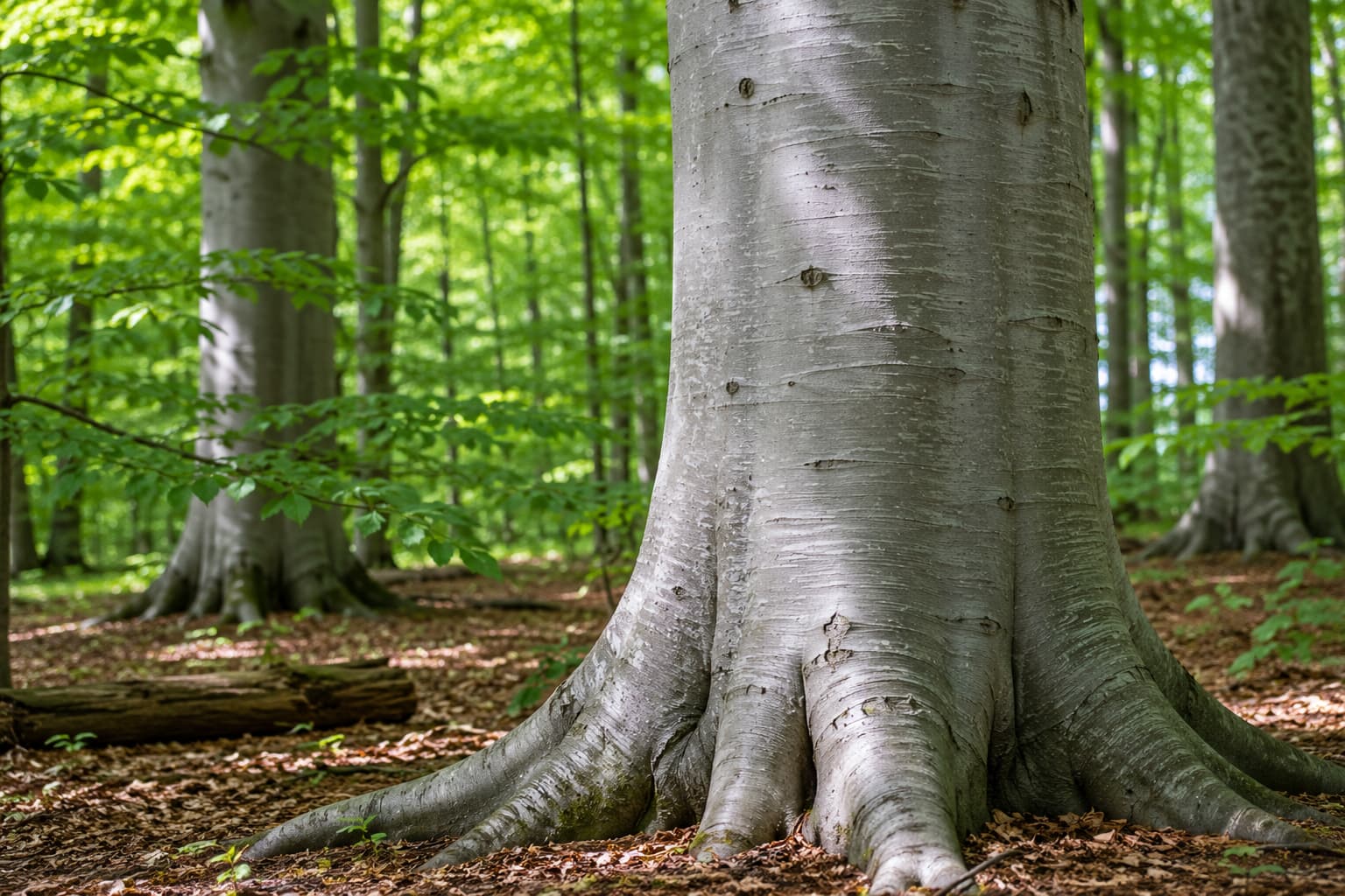 American beech tree showing smooth silvery gray bark for identification