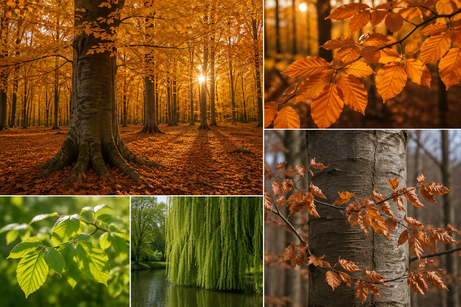 Beech forest with copper autumn leaves showing seasonal beech tree identification