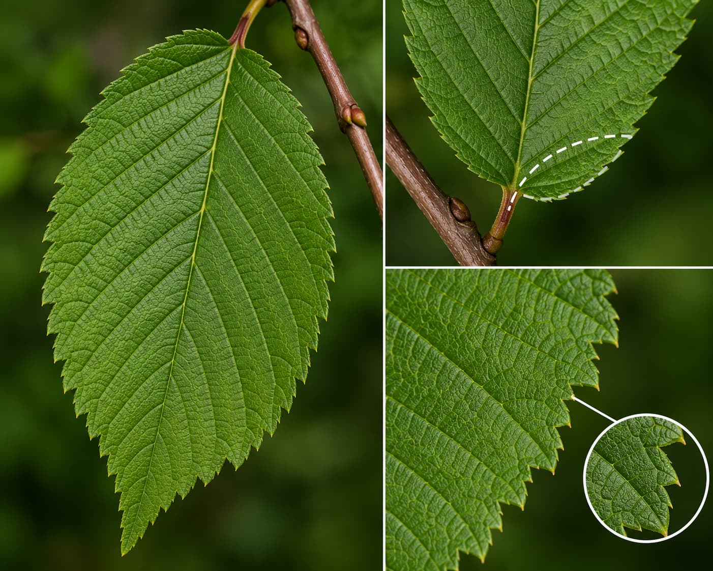 Elm tree leaves showing asymmetric base and doubly serrated margins for identification
