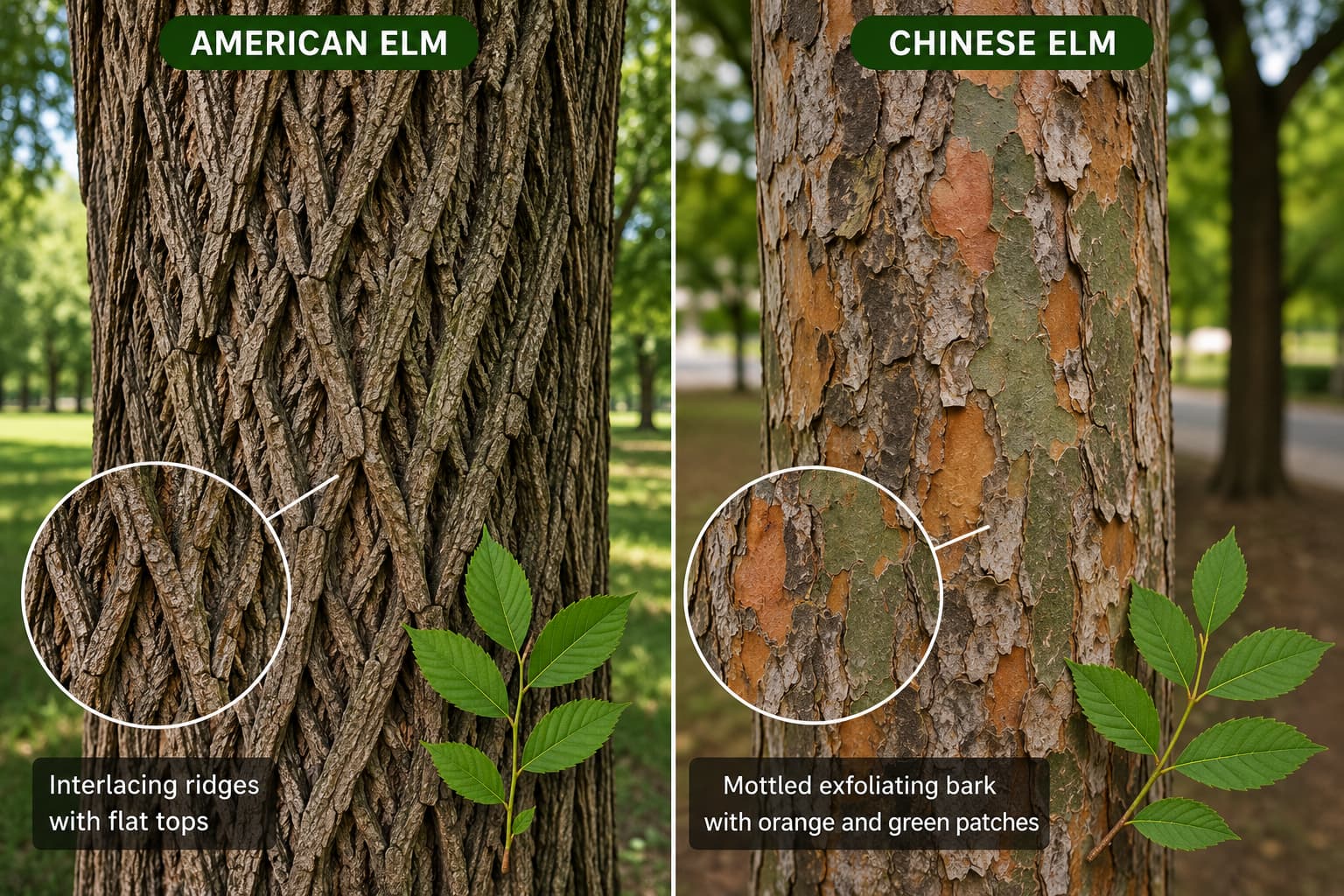 Elm tree bark showing distinctive ridge pattern for identification