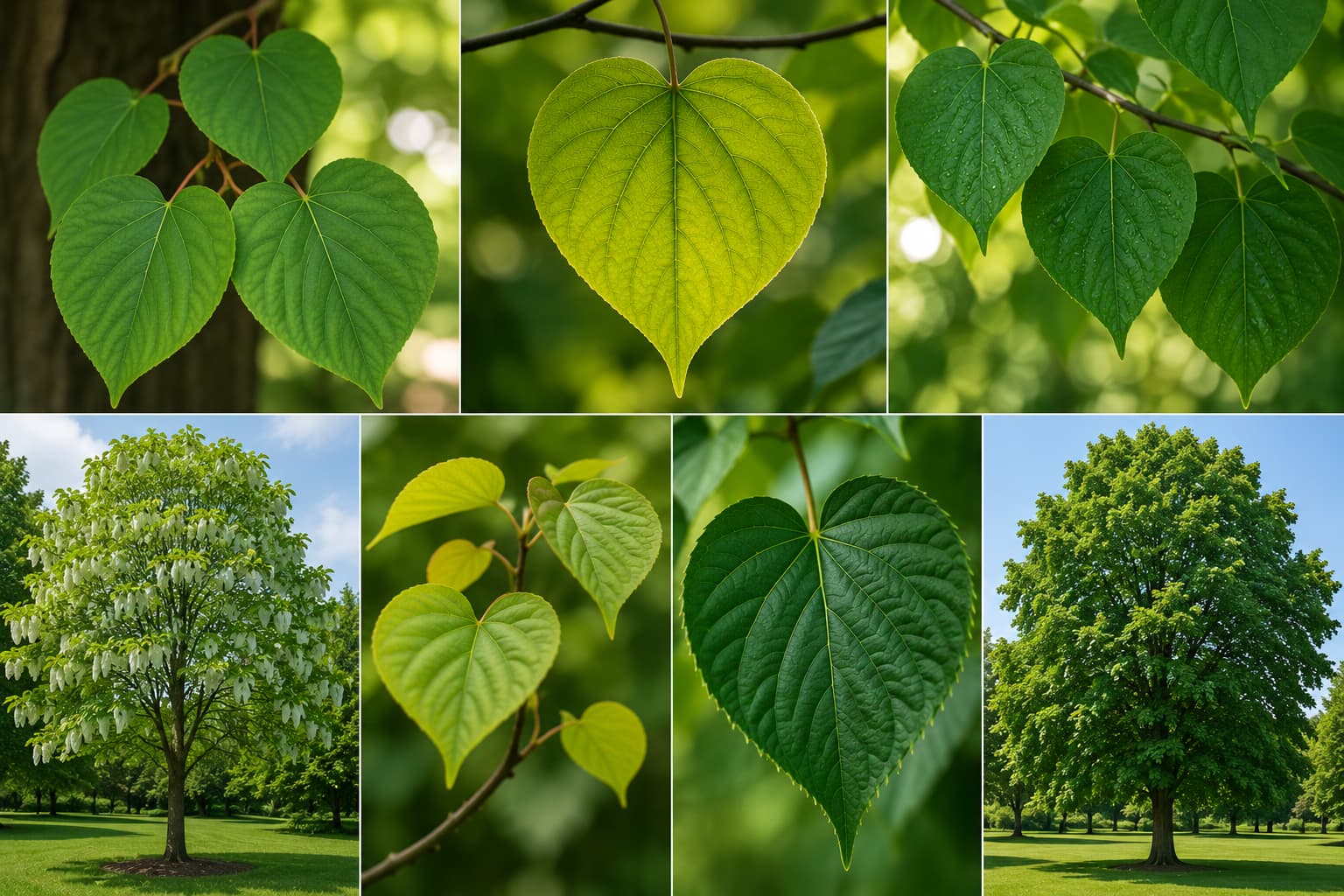 Collection of heart shaped tree leaves from different species