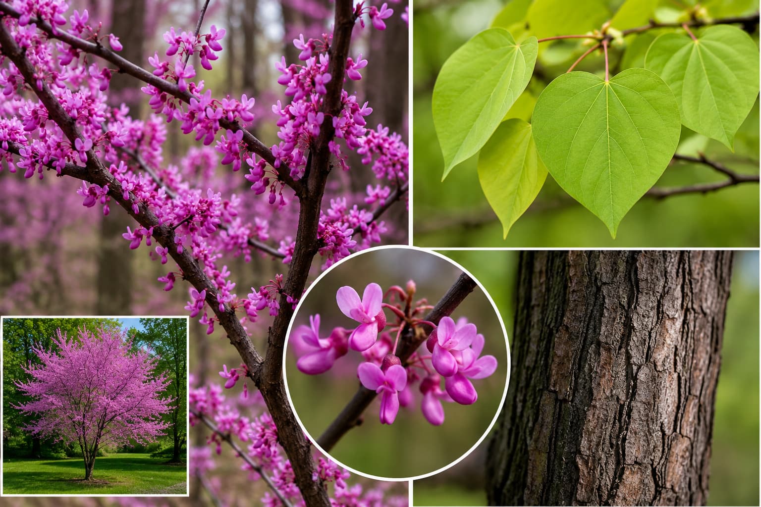 Eastern Redbud tree with heart shaped leaves and pink spring flowers