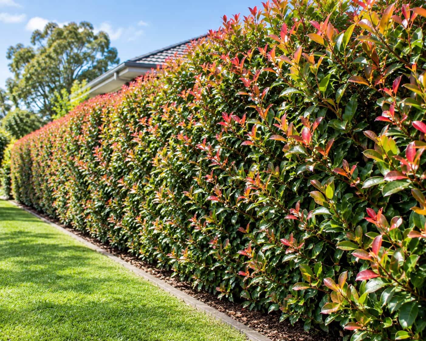 Lilly pilly hedge showing dense screening and colorful new growth