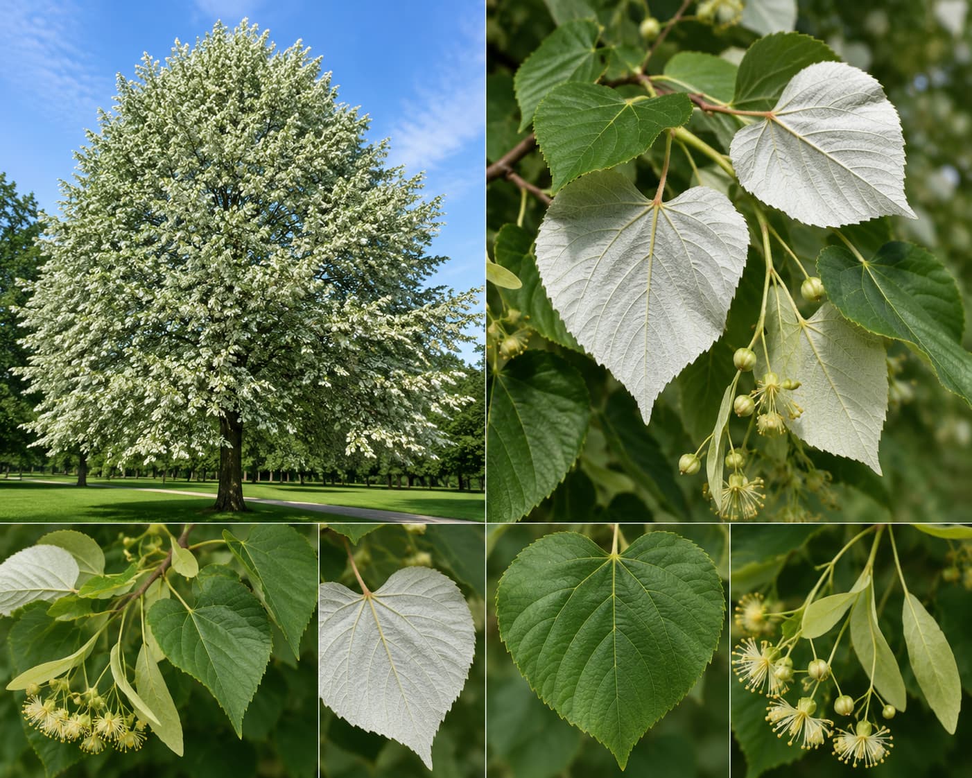 Silver linden tree leaves showing silvery white underside for identification