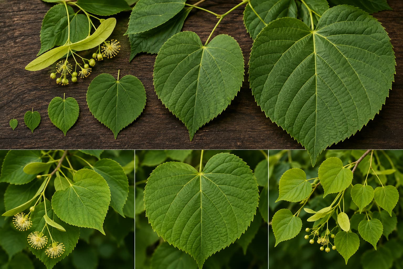 Linden tree leaves showing heart-shaped leaves and toothed margins for identification
