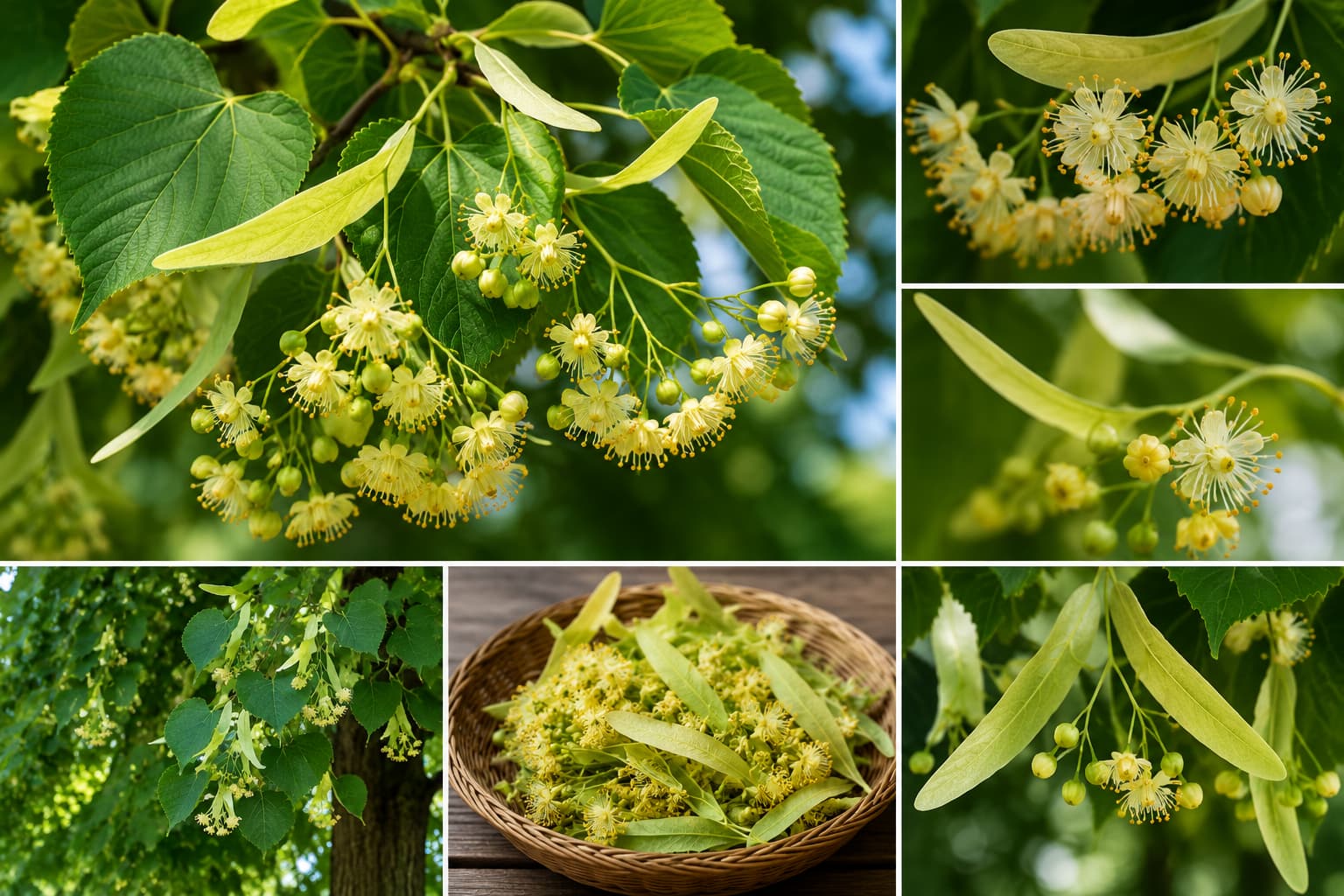 Linden tree flowers with distinctive strap-like bract for identification