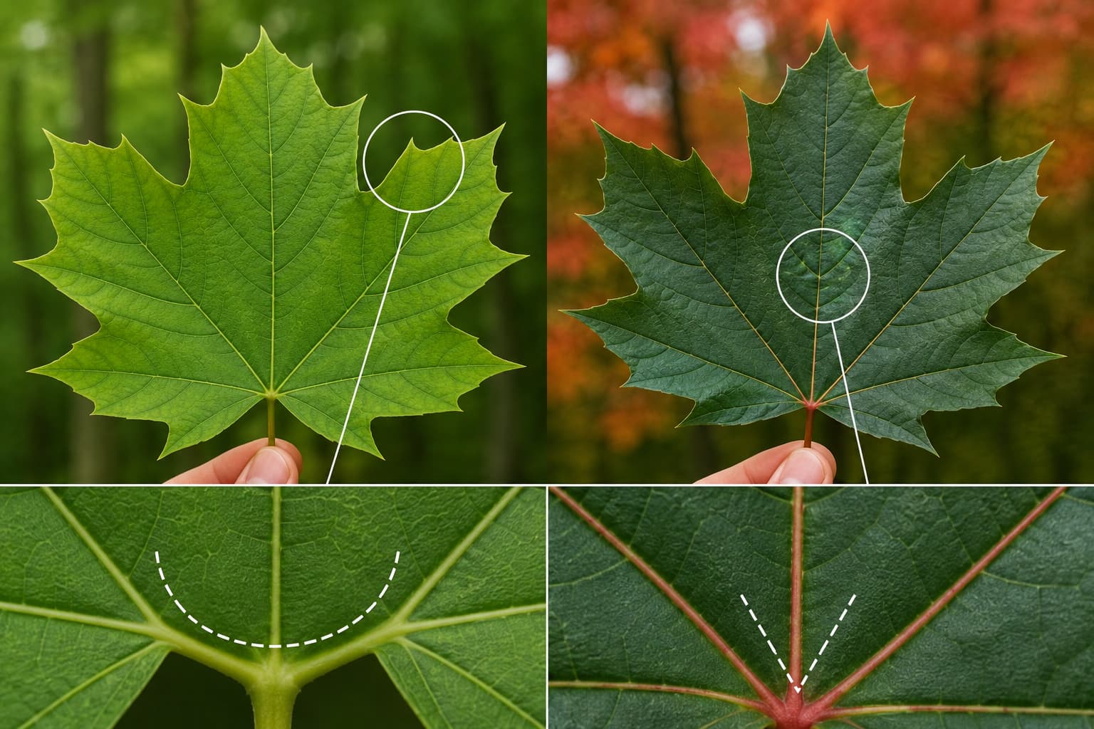 Sugar maple and red maple leaves side by side showing sinus shape differences