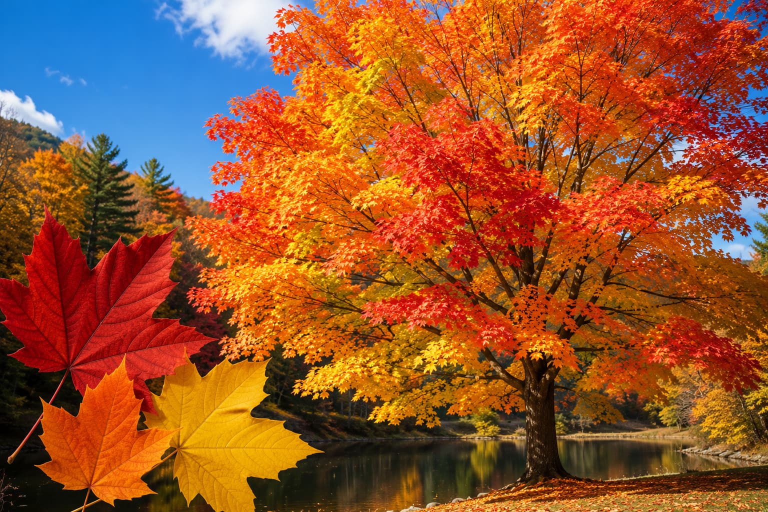 Maple trees in autumn showing brilliant orange and red fall colors