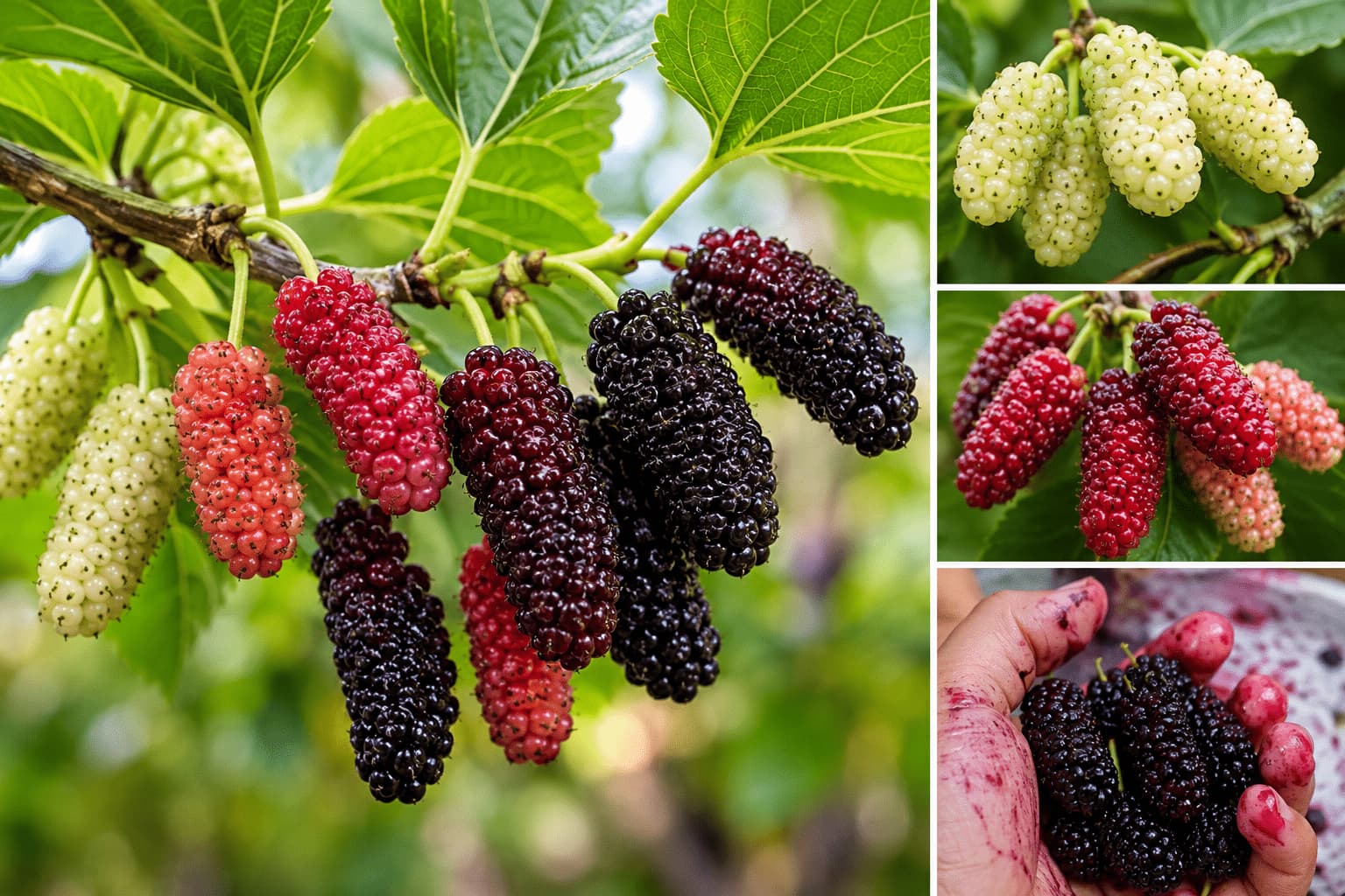 Mulberry tree fruit showing ripe mulberries for identification
