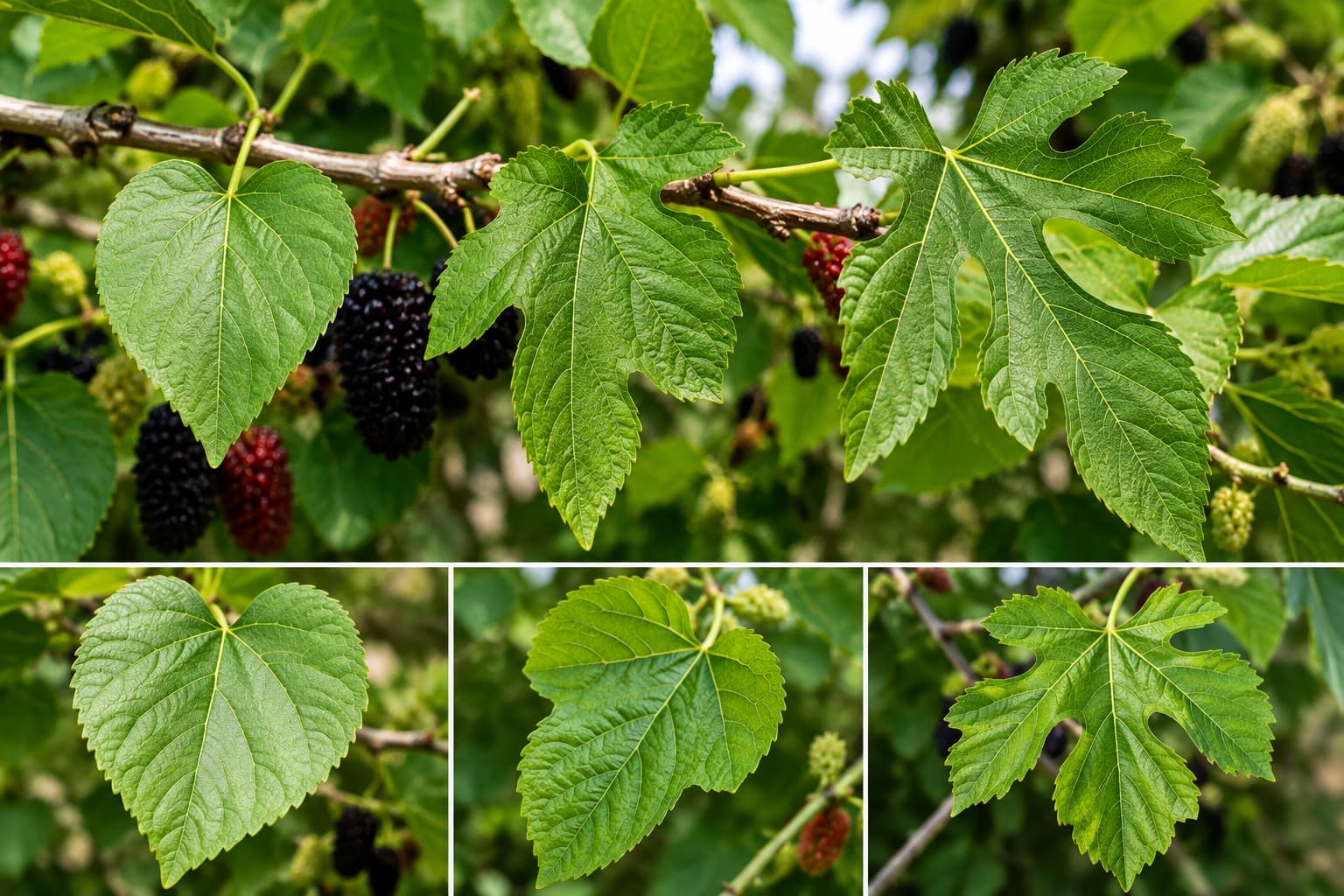 Mulberry tree leaves showing variable leaf shapes on same tree for identification
