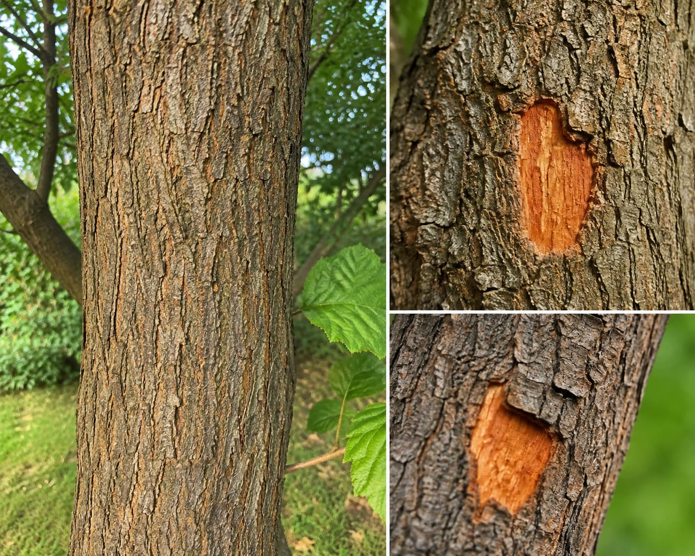 Mulberry tree bark showing furrowed orange-brown texture for identification