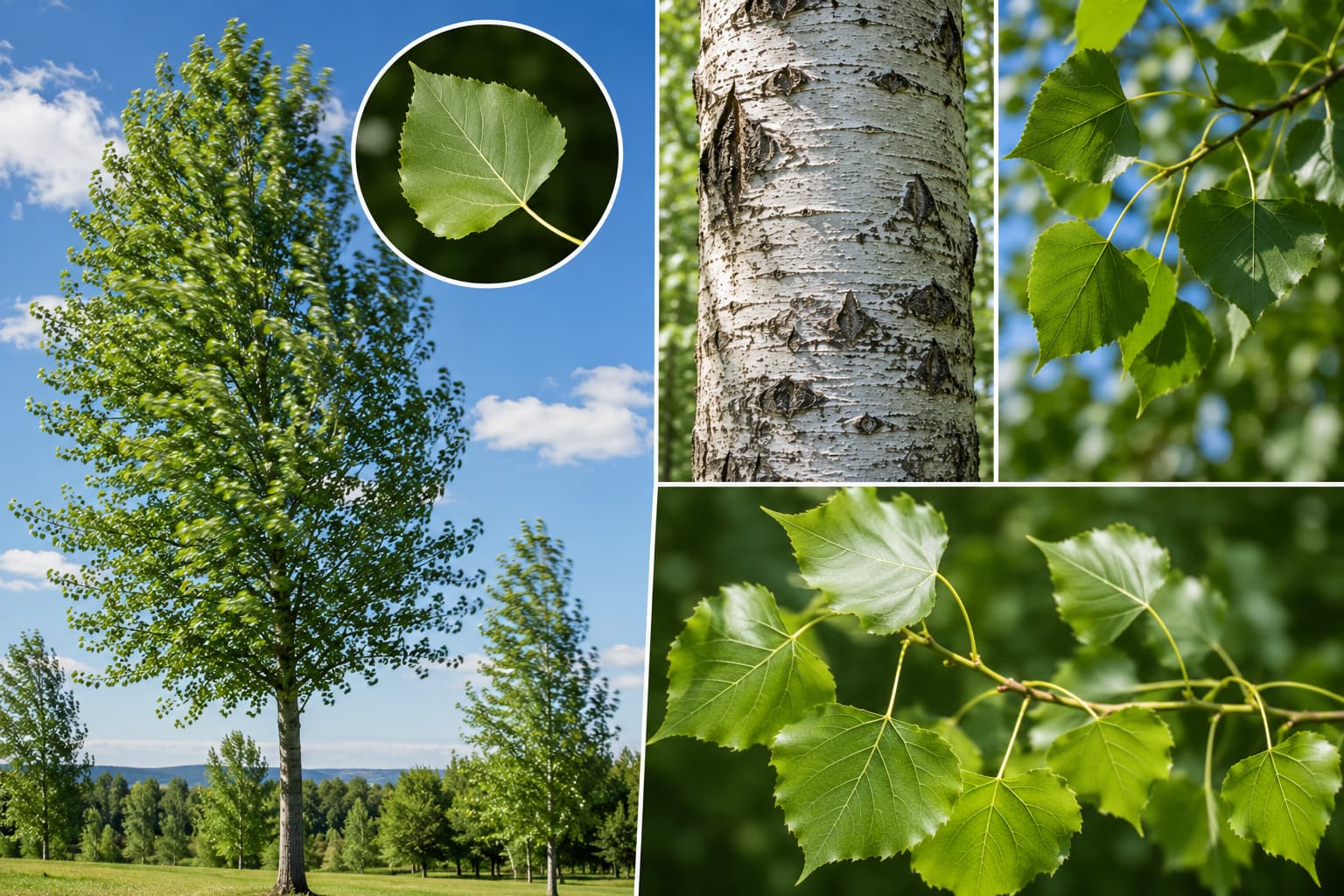 Poplar trees showing tall columnar form and trembling leaves for identification