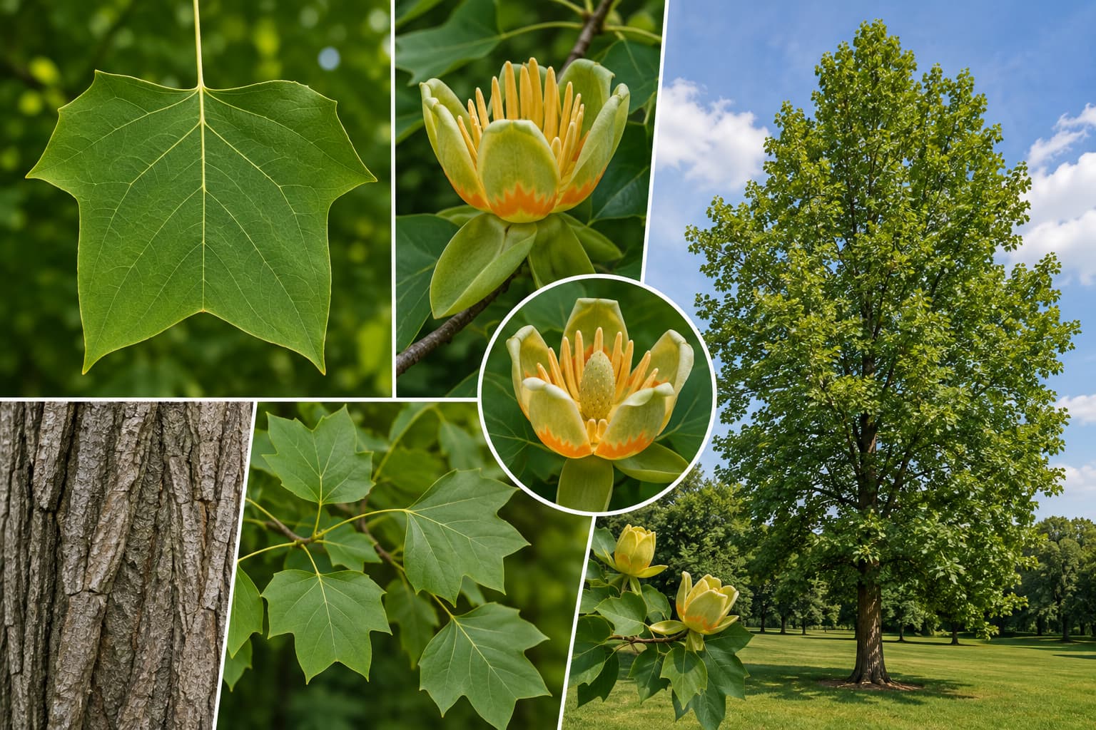 Tulip poplar leaves showing distinctive 4-lobed shape for identification