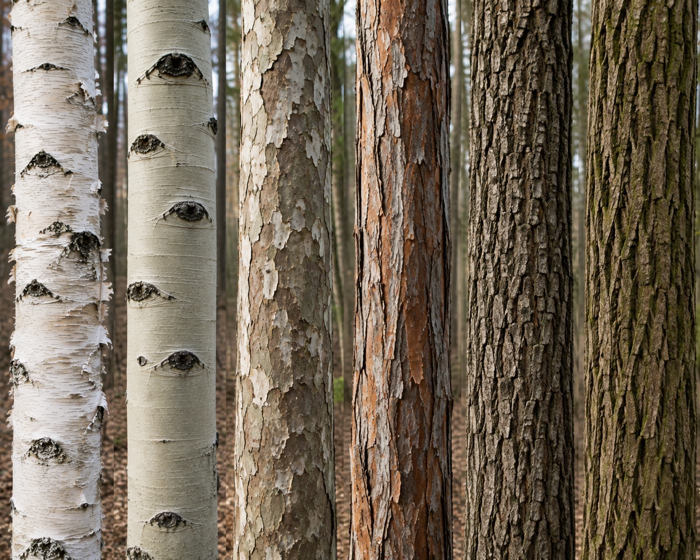 Different types of tree bark showing white peeling and textured bark examples