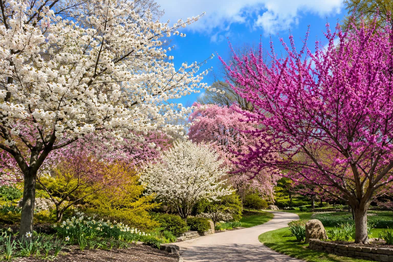 Pink and white flowering trees in spring landscape
