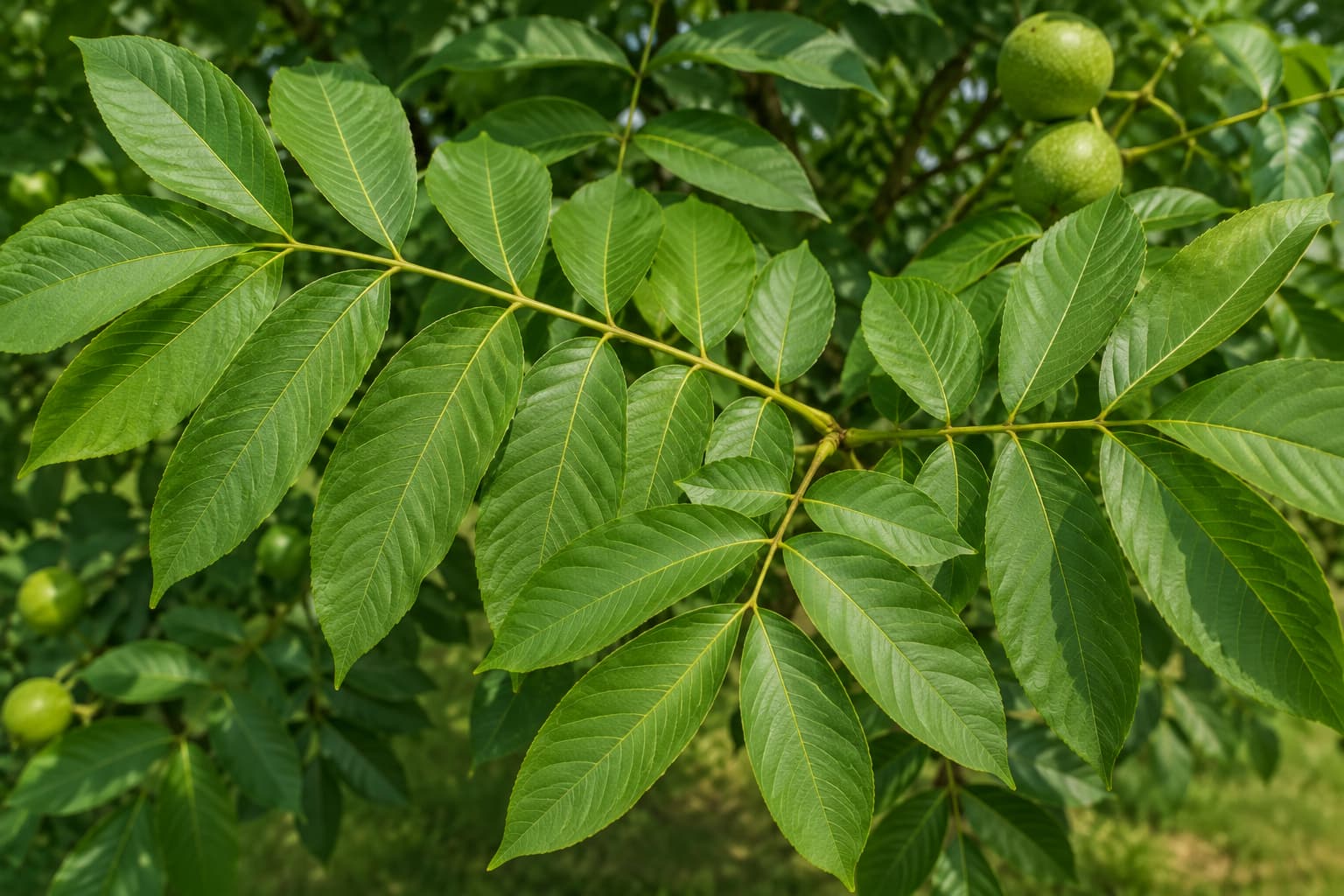 Walnut tree leaves showing large compound leaves with multiple leaflets for identification