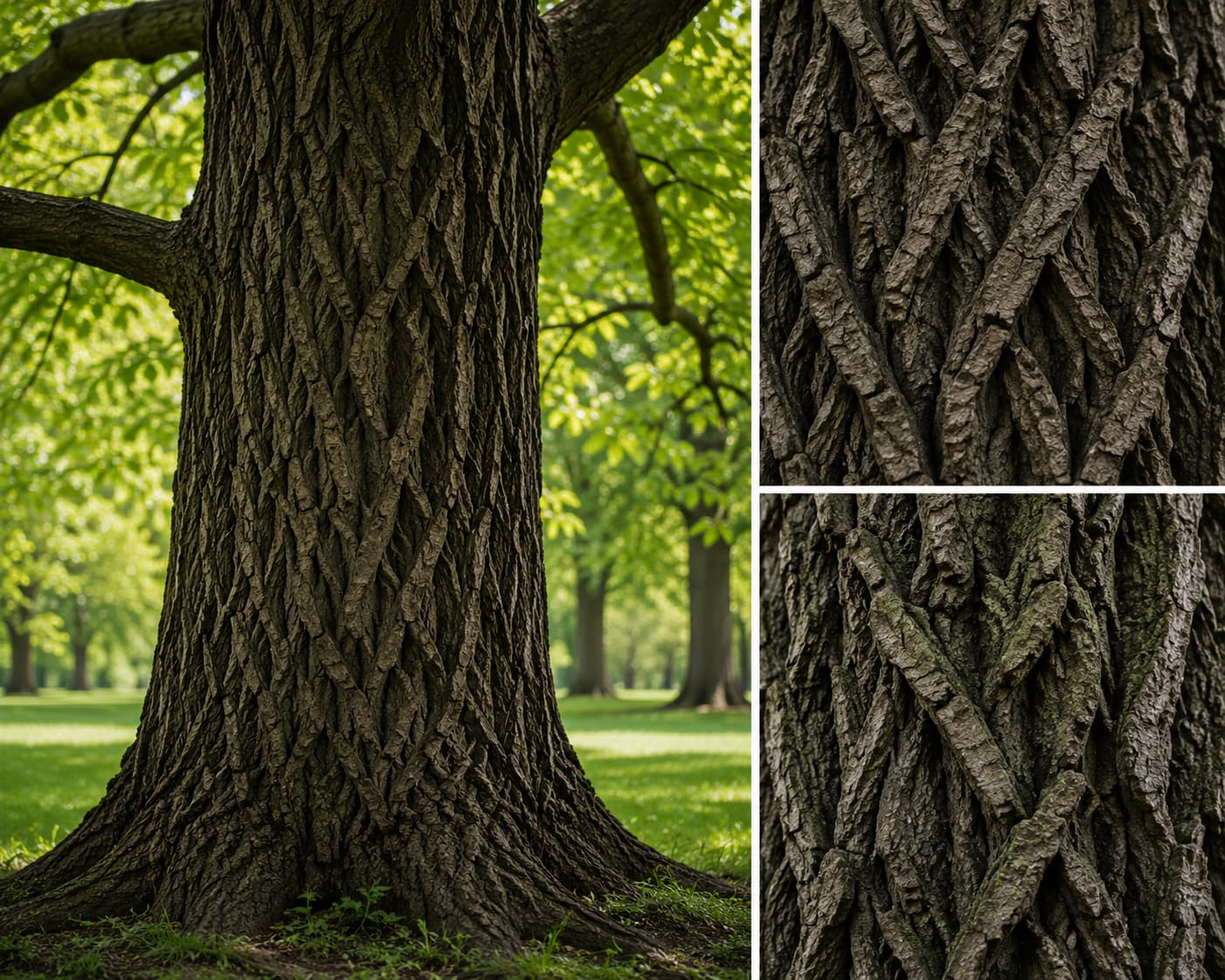 Black walnut tree bark showing deeply furrowed diamond pattern for identification