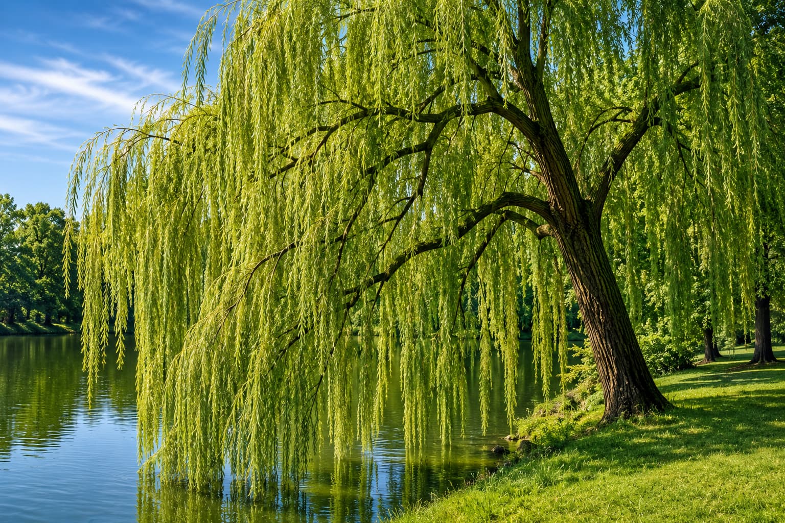 Weeping willow tree with drooping branches near water for identification