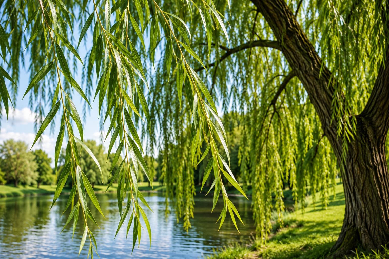Willow tree leaves close up showing narrow lance shaped leaves for identification